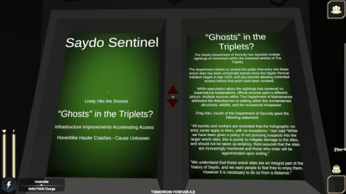 A news reader showing a news story from the Saydo Sentinel.