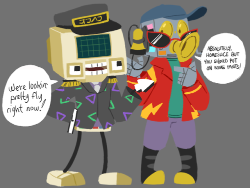 A computery guy and a phone guy just hanging out and swappin’ radical outfits. Nothing strange