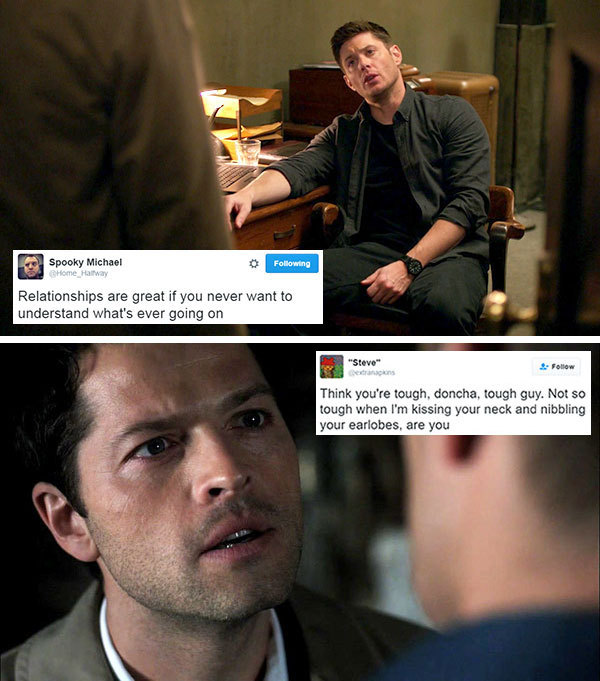 livebloggingmydescentintomadness: destiel tweet meme: the reckoning