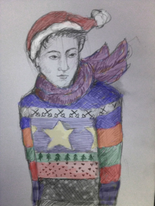 Mercutio has found an improbable scarf and a very colorful sweater. He is wearing a hat because I go