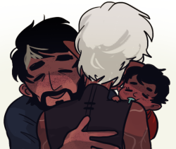 mensrightshotline:   anonymous asked mensrightshotline:  hawke hugging fenris while he’s holding tiny newborn baby  oh no 