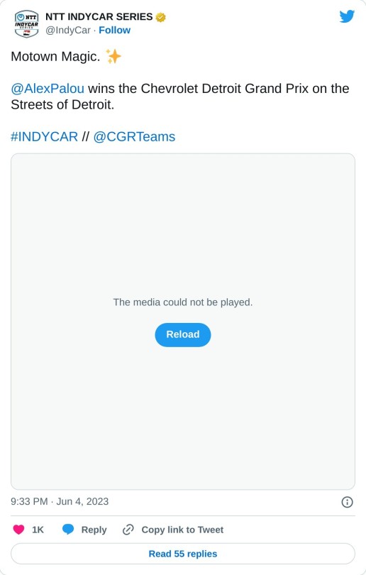 Motown Magic. ✨@AlexPalou wins the Chevrolet Detroit Grand Prix on the Streets of Detroit.#INDYCAR // @CGRTeams pic.twitter.com/H5v2hXygQq  — NTT INDYCAR SERIES (@IndyCar) June 4, 2023