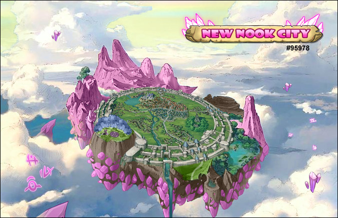 Art of the Crystal Nook's flying island. The underside of the island is made of rocks and dirt with large pink crystals on the bottom-most tips which keep the island aloft. The center of the island is a large swathe of grassland, surrounded by a circular walled structure. Within the wall is the city, rural neighborhoods, a lakeside castle, and a river cutting through the island. The end of the river flows through gates in the wall, where it pours off the side of the island. Tall pink mountains cradle the back of the island, with a sparkling rainbow between them. Also outside of the walls at different positions are a large flat rock, a forested wetland next to a lagoon, and an elevated platform with a runic circle surrounded by a semicircle of periwinkle trees. The island is surrounded by clouds, arcane runic symbols, and small bits of floating crystals. Through breaks in the clouds, the tips of the Crystalspine Reaches are visible, as well as the sea below.