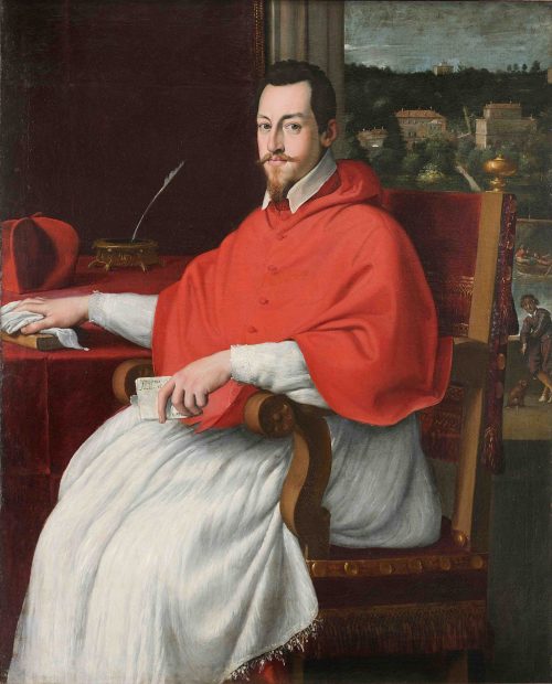 Domenico Zampieri detto Il Domenichino: Ritratto del Cardinal Odoardo Farnese con sullo sfondo Trast