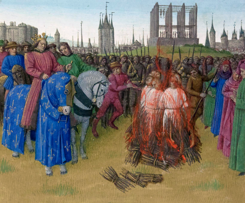 The burning of the Amalricians in 1210.&gt; Illuminator: Jean Fouquet (c. 1455).