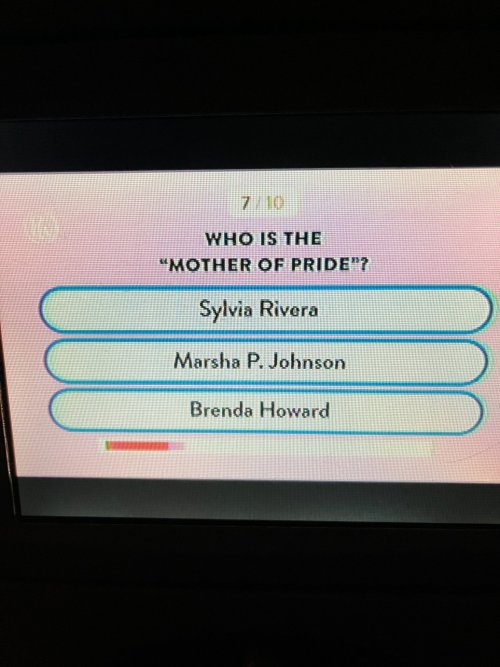 robynochs:    On a JetBlue flight yesterday and a series of questions came up on the screen. One was: “Who is the “mother of pride”?–Sylvia Rivera–Marsha P. Johnson–Brenda HowardTo see THESE three bisexual &amp; trans names up on a JetBlue