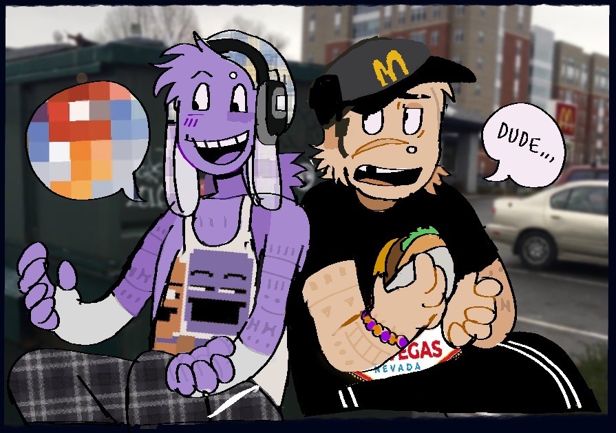 A drawing of Jack and Dave sitting in a Mcdonald's parking lot talking and eating together