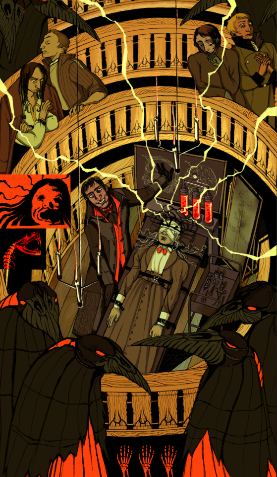 An illustration inspired by the 2005 game Pathologic Classic HD and by a line of dialogue spoken by the Inquisitor to the Bachelor that referenced one of his lectures on reanimation.
The Bachelor, smiling with emphasis, is reanimating the corpse of a dead woman strapped to an operating table. He gestures at his blackboards and diagrams on the human brain as an electrical apparatus tied to the woman's bandaged head sends stylized lightning bolts all across the illustration.
The scene is set in an anatomical theatre in the Thanatica. In the higher rows of the theatre other Capital-dwellers witness the scene: the Stamatin architect twins Peter and Andrey, the Inquisitor Aglaya Lilich and the mathematician Yulia Lyuricheva.
Executors can be seen in the background and foreground as well, overlooking it all.
Three red bone hands emerge from the bottom of the illustration, and two small vignettes on the lefthand side depict a screaming, distorted face (the reanimation itself) and the skeleton of a snake (the Bachelor).