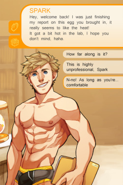 daydreamerjim:  The trick is to scold him because heâ€™s a low key Masochist SUPER far behind on all these requests Iâ€™ve been getting for Spark, but I got mad art block right now yo! So, hereâ€™s a fake phone-based dating sim screen cap to hopefully