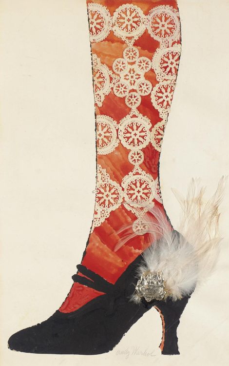 thunderstruck9:Andy Warhol (American, 1928-1987), Shoe. Ink, watercolor, feathers, paper doilies and