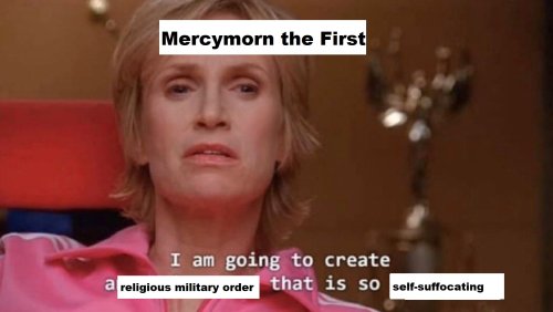 [image description: a version of the ‘i am going to create’ meme where a woman labelled “mercymorn t