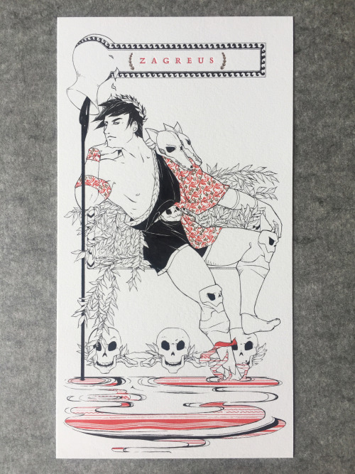 [image description: 7 photos of a combination letterpress and hand-drawn print of Zagreus from the g