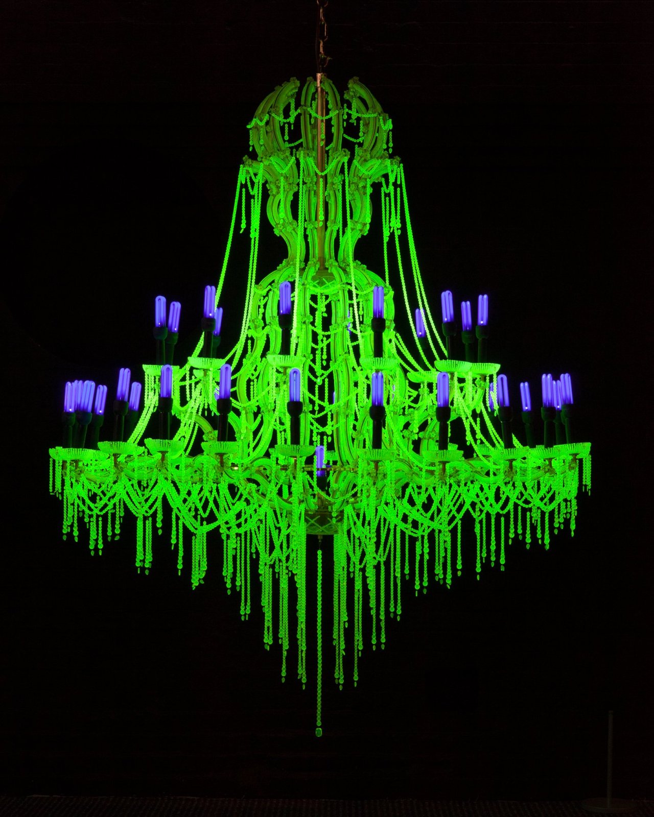 Uranium glass chandelier with black light bulbs.via gothic home decor enthusiasts #uranium glass #uranium glass chandelier