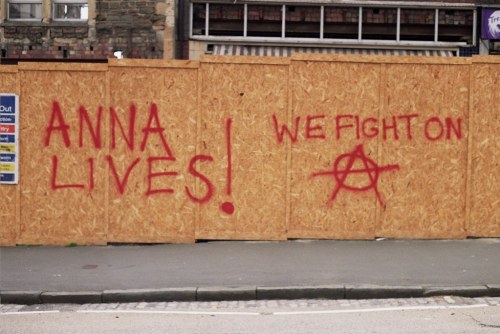 Memorial graffiti for Anna Campbell, a British anarchist who was killed by a Turkish airstrike on Ma
