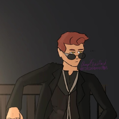 Crowley looks up over his sunglasses into the middle distance, annotated by a "..."