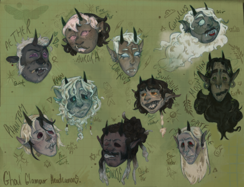a digitally rendered sketch of the nameless Ghouls from Ghost. They all have varying tones of grey skin w/ short, black horns and black and/or white hair. Their names, elements, and other symbology is around them. The words 'Ghoul Glamour Headcanons." sits in the bottom left corner.