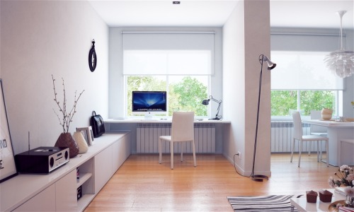 Desk stretched across and integrated into a windowsill for an added view and inspiration.