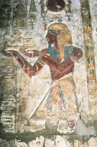 Relief from the sanctuary of the Temple of Khonsu depicting king Ramesses III offering figure of Sph