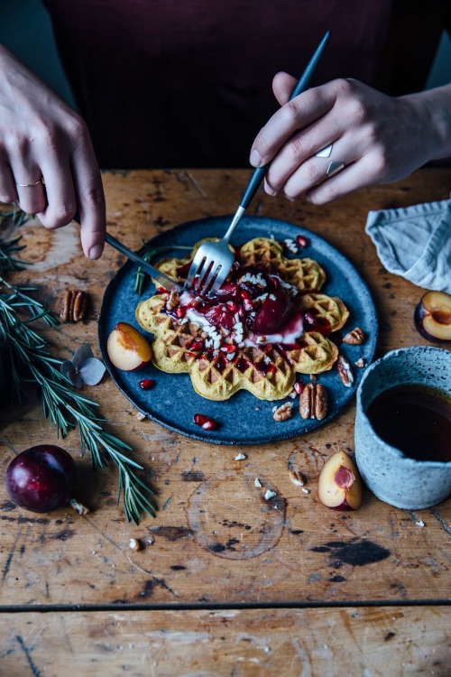 sweetoothgirl:  Gluteen Free Pumpkin Waffles w/ Plum, Rosemary Compote and Coconut Yogurt  
