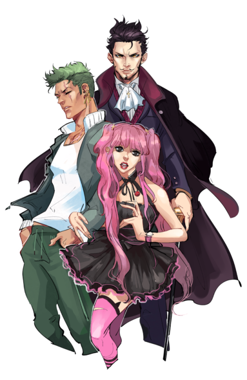 ironfries: more self indulgent modern au mihawk and his two cotton candy haired kids 