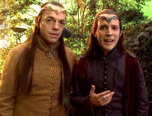 Lindir: We are just being silly. Really, everyone gets along here all the time. We are one big happy family.
Elrond: That’s what it is like on the set. Even Thorin and Thranduil get along famously.
I get along with who? Since when?
Lies! Nothing but...