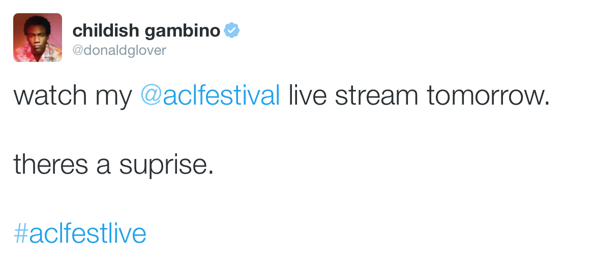 Childish Gambino’s ACL Fest performance will be streamed live at 6:15pm cdt.
Watch the stream here.