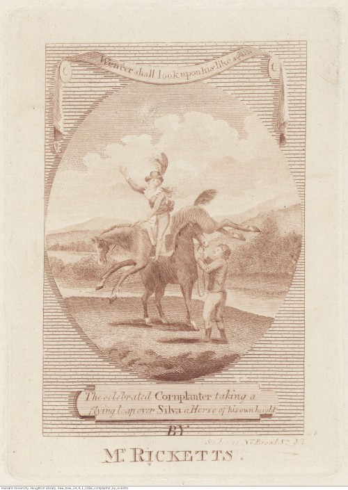 Circus equestrian John Bill Ricketts (d. 1799) and his horse Cornplanter.HEW 14.4.1Houghton Library,