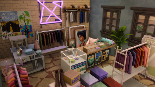 Messy interior of a thrift store built in The Sims 4.
