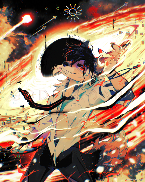 artwork features the client's anthropomorphic character Soren. Soren is standing facing the viewer, one arm raised and one extended low, with swirls of galactic dust and clouds swirling around them. Soren's tie and shirt are ripped and torn. Behind Soren is a massive black hole that is actively eating away at a nearby star in the background. At the top center is an icon of a ringed planet with arrows pointing in towards it.