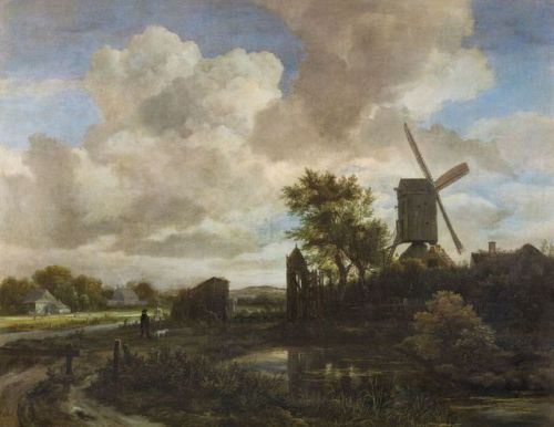 Evening Landscape - a Windmill by a Stream, Jacob van Ruisdael, ca. 1650