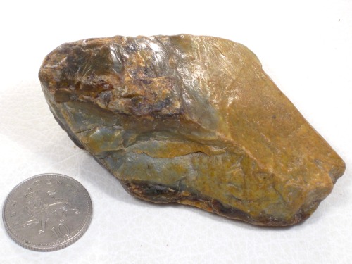 Wild chunk of blue/green jade-like jasper or agate sandwiched in carnelian from the Nehalem River, C