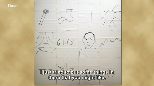 [ID: Four screencaps from Taskmaster. The studio screen shows a collage of simple drawings by Jo Bra