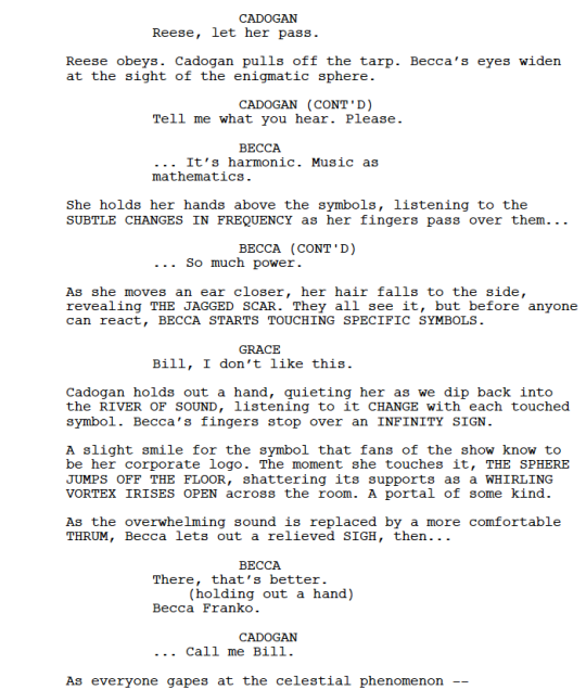 Becca activates the space ball and the family stands together around it. As you can see there’s differences in dialogue between the script and the screen. Some sections had to be cut for airing purposes. But here is the scene in its entirety!