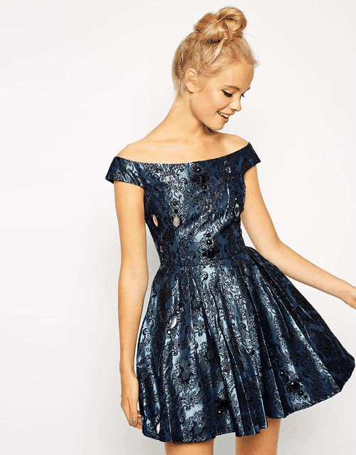 ASOS Off Shoulder Jewel Jacquard Bardot Prom Dress