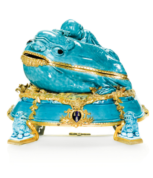 A French gilt-bronze mounted turquoise-glazed Chinese porcelain toad and Liu Hai pot-pourrithe porce