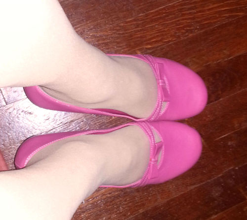Cute pink flats and Nude Sheer-To-The-Waist pantyhose.