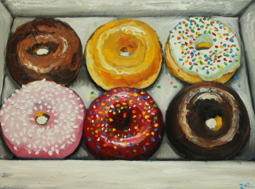 littlebunnysunshine: Donuts still life painting 13 18x24 inch original oil painting by Roz