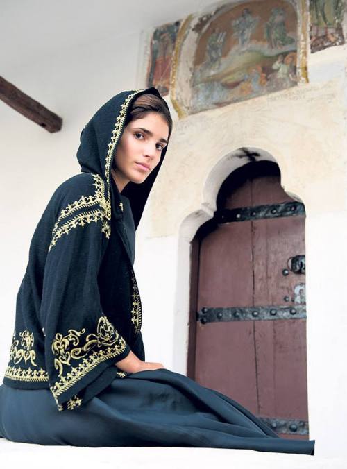 beautifulgreece:Greek beauty in folk handmade greek dress, outside of byzantine orthodox church.