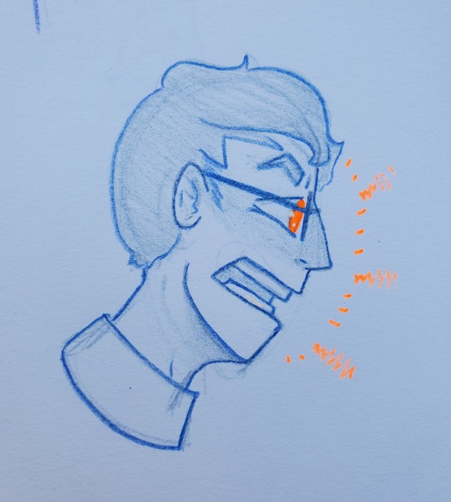a pencil and pen sketch of Logan yelling, his eyes bright orange