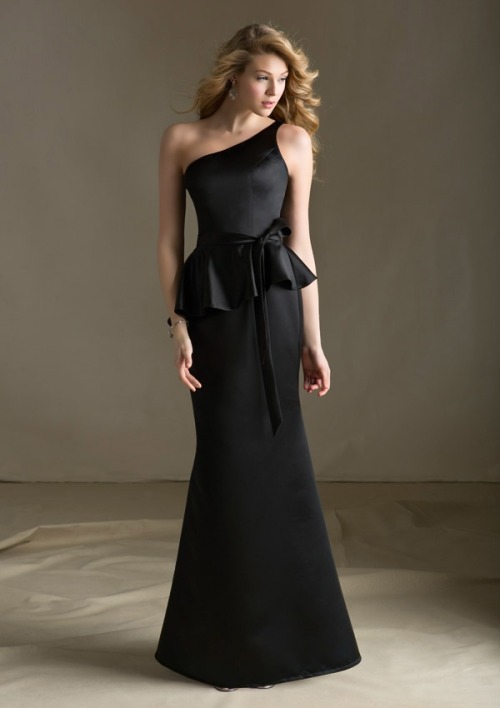 Black Satin Sleeveless One Shoulder Mermaid Long Bridesmaid Dress with Peplum