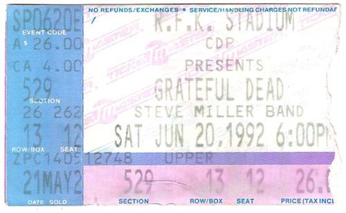 johnrezas:  These are the only two surviving ticket stubs for my run on Grateful  Dead shows back in the late 1980s and early 1990s. These are two shows  that I went to in 1992 at the Hampton Coliseum in Virginia and at RFK  Stadium in Washington, DC.