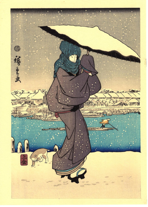 ukiyoesalon: Japanese Ukiyoe, Woodblock print, antique, Hiroshige, “Evening Snow at Asakusa (l