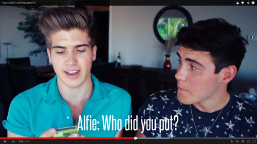 srayne99:  I’ve realized that there seems to be a theme with the answer to “Who Is Most Likely To End Up In Jail” in the Youtuber Superlatives videos Jenn and Rebecca  Joey Graceffa  Marcus and TylerAlexa Losey Kian and Grace           