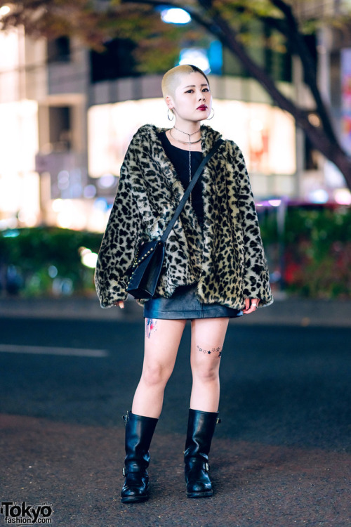 20-year-old Japanese beauty school student Rena on the street in Harajuku with a two-tone shaved hai