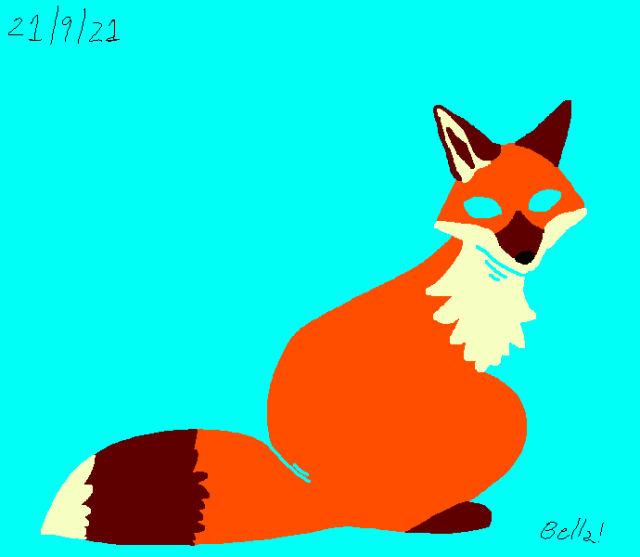 a fox with cyan eyes in a cyan background. it's sitting down back to the viewer, head facing straight to the viewer