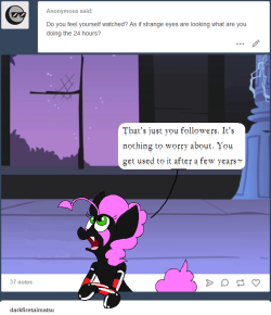 darkfiretaimatsu: There’s almost, like, 2500 of you guys. That’s 5000 eyes watching. You can get used to anything after that~ Though I’m pretty sure nopony’s looking at this blog over the entire 24 hours~  x3