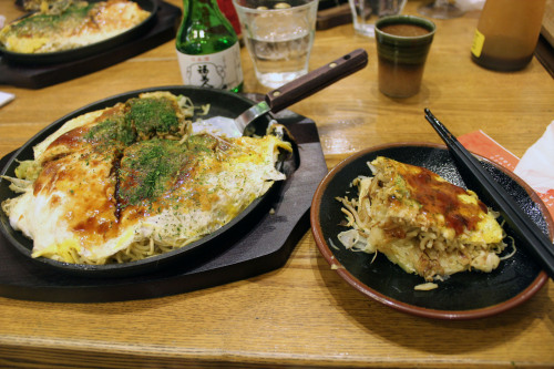 hiroshima’s famous okonomiyaki (it’s different than most okonomiyaki - the ingredients are layered, 