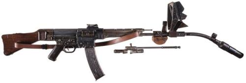 German STG-44 with Krummlauf Type I angled firing device and grenade launcher, World War II.from Roc