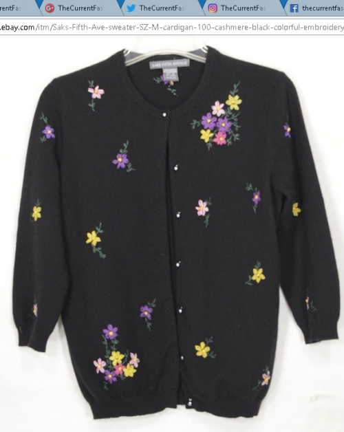 Saks Fifth Ave cashmere cardigan sweaterblack with colorful floral embroidery, small &ldquo;pearl&rd