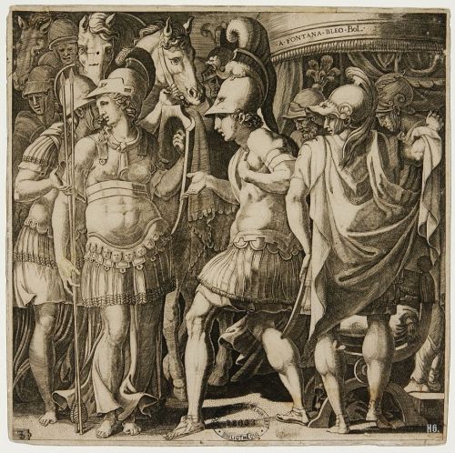 hadrian6:Alexander welcoming Thalestris and the Amazons. Mid. of the 16th.century.engraving after Fr